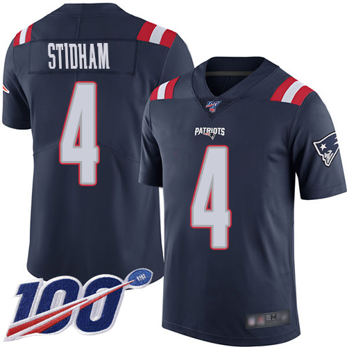 New England Patriots Limited Navy Blue Men #4 Jarrett Stidham NFL Jersey 100th Season Rush
